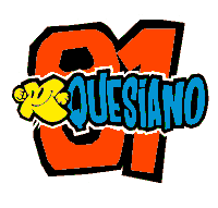 an orange and blue logo for quesiano with a yellow face