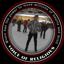 a man stands in front of a circle that says " voice of religious " on it