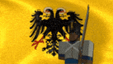 a man holding a gun in front of a flag with an eagle