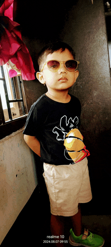 a young boy wearing sunglasses and a shirt that says ' angry minion '