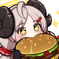 a cartoon girl with horns eating a hamburger