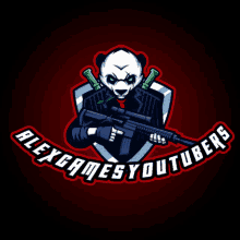 a logo for alex games youtubers with a panda bear holding a gun