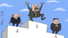 a cartoon of three men standing on a podium with the numbers 1 2 and 3 on them