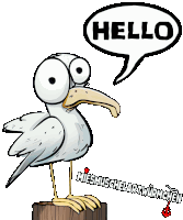 a cartoon of a seagull with a speech bubble saying hello