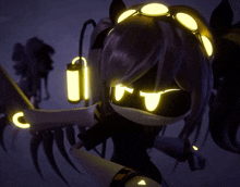 a cartoon character with glowing eyes and a lantern behind her