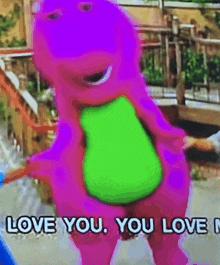 a purple dinosaur with a green belly is standing on a sidewalk and says `` love you , you lover '' .