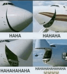 a collage of four pictures of an airplane with the words ' haha ' at the bottom