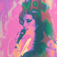 a painting of a woman singing into a microphone on a pink background