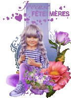 a girl with purple hair sits next to a basket of purple flowers and a sign that says joyeuse fete meres