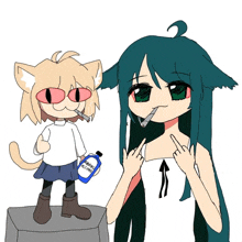 a drawing of a cat and a girl with a bottle of alcohol