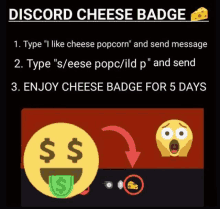 a screenshot of a discord cheese badge with a smiley face with a dollar sign sticking out of it .