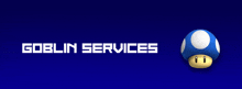 a blue and white mushroom with the words goblin services above it