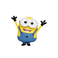 a minion with a pair of goggles and overalls is standing with his arms in the air .