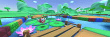 a video game scene with a bridge over a pond