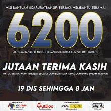 a poster that says 6200 jutaan terima kasih and 19 dis sehingga 8 jan