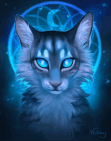 a painting of a cat with blue eyes and a blue background