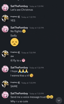 a screenshot of a conversation between satthefemboy and prophety