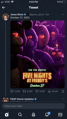 a poster for five nights at freddy 's on october 27th