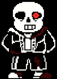 a pixel art drawing of a skeleton with red eyes and numbers around him