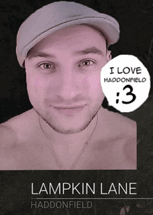 a man wearing a hat and a necklace says " i love haddonfield "