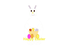 a drawing of a bunny with a basket of easter eggs and the words happy easter