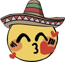 a cartoon smiley face wearing a sombrero with hearts around it