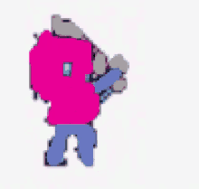 a pixel art of a person in a pink shirt and blue pants standing on a white background .