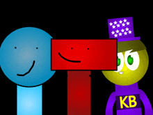 a cartoon character wearing a kb shirt stands next to another character