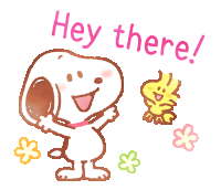 a cartoon drawing of snoopy and woodstock with the words hey there