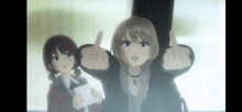 a couple of anime girls are standing next to each other giving the middle finger .