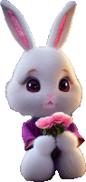 a white rabbit with pink ears is wearing a purple shirt and holding a bouquet of pink flowers