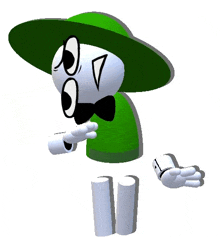 a 3d cartoon character wearing a green hat and bow tie is standing on a white background .