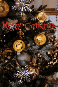 a merry christmas greeting card with a christmas tree