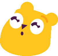 a yellow cartoon bear with a purple nose