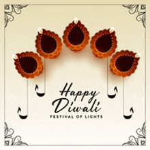 a happy diwali festival of lights greeting card with oil lamps hanging from strings .