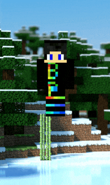 a minecraft character is standing on a bamboo stick with the letter n on his chest