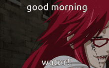 a cartoon of a woman with red hair and glasses says good morning water