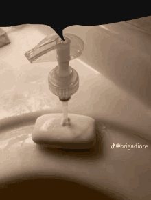 a soap dispenser is sitting on top of a bar of soap in a bathroom sink