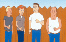 a cartoon of four men standing next to each other with one wearing a hat that says ' king of the hill '