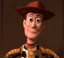 a close up of a toy story character wearing a cowboy hat and vest