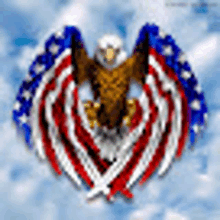 a bald eagle is sitting on an american flag with its wings spread .