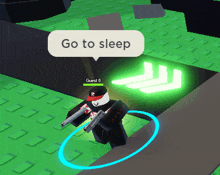 a video game character says go to sleep in a white speech bubble