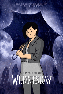 a poster for the netflix series wednesday shows a woman holding an umbrella in the rain