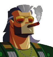 a man wearing sunglasses smoking a cigar with smoke coming out of his mouth