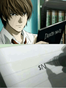 a man is holding a death note and a pen is writing a dollar sign