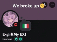 a screenshot of a discord account that says `` we broke up '' with a picture of a girl in a circle .