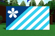 a blue and white flag with a white flower in the middle