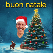 a picture of a man wearing a santa hat and a christmas tree with the words buon natale above it