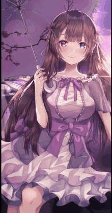 an anime girl in a purple dress is holding an umbrella