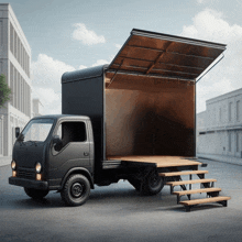 a black truck with a wooden stage attached to the back